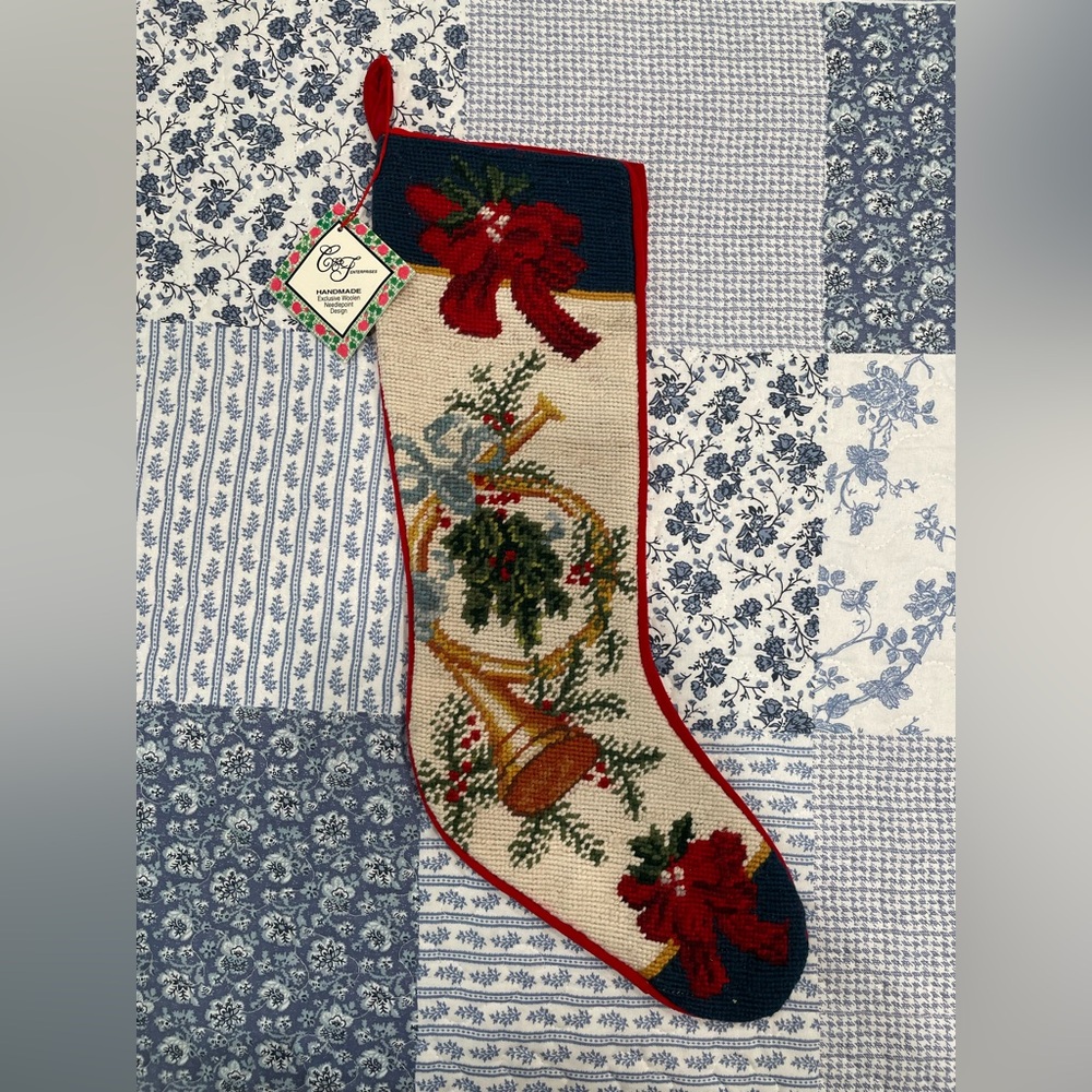 Handmade Needlepoint Christmas Holiday French Horn & Bow Design Stocking NWT
